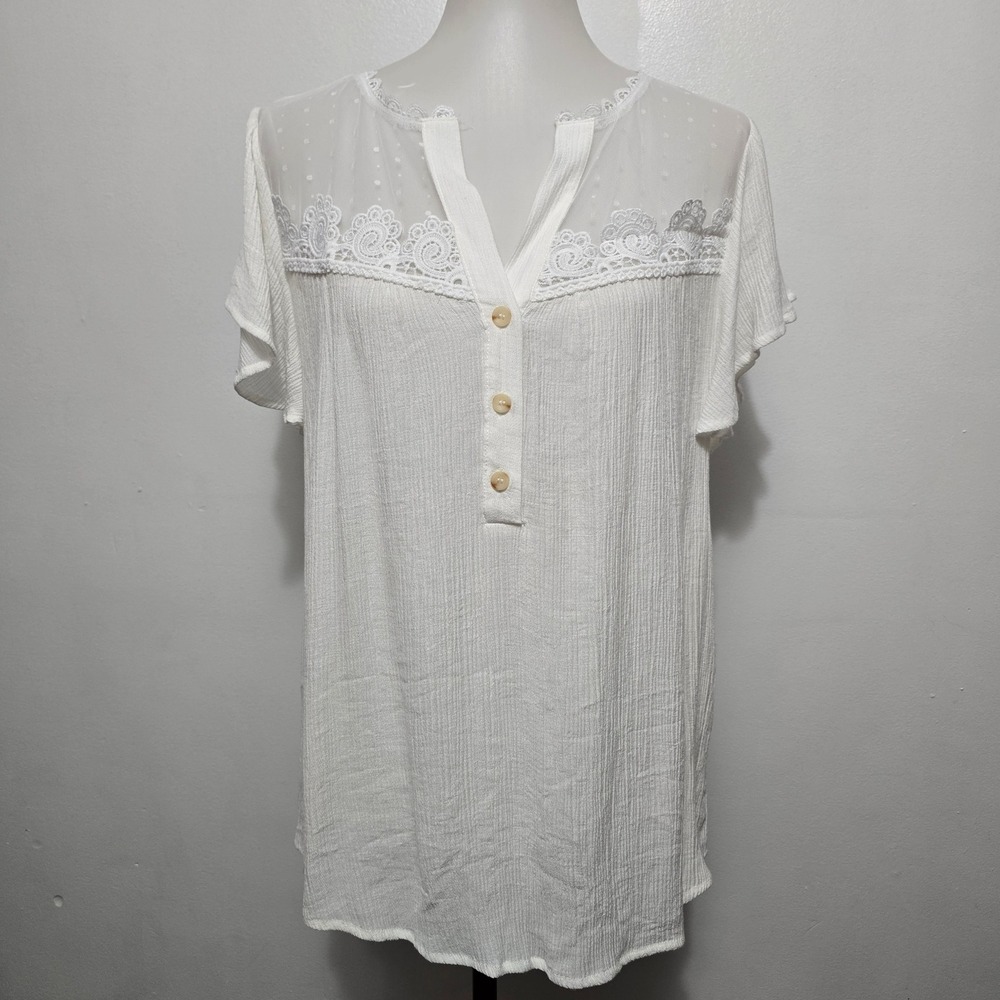 Perch by Blu Pepper White Lace Inset Gauze Short Sleeve Blouse 1X Boho Neutral - Picture 2 of 8